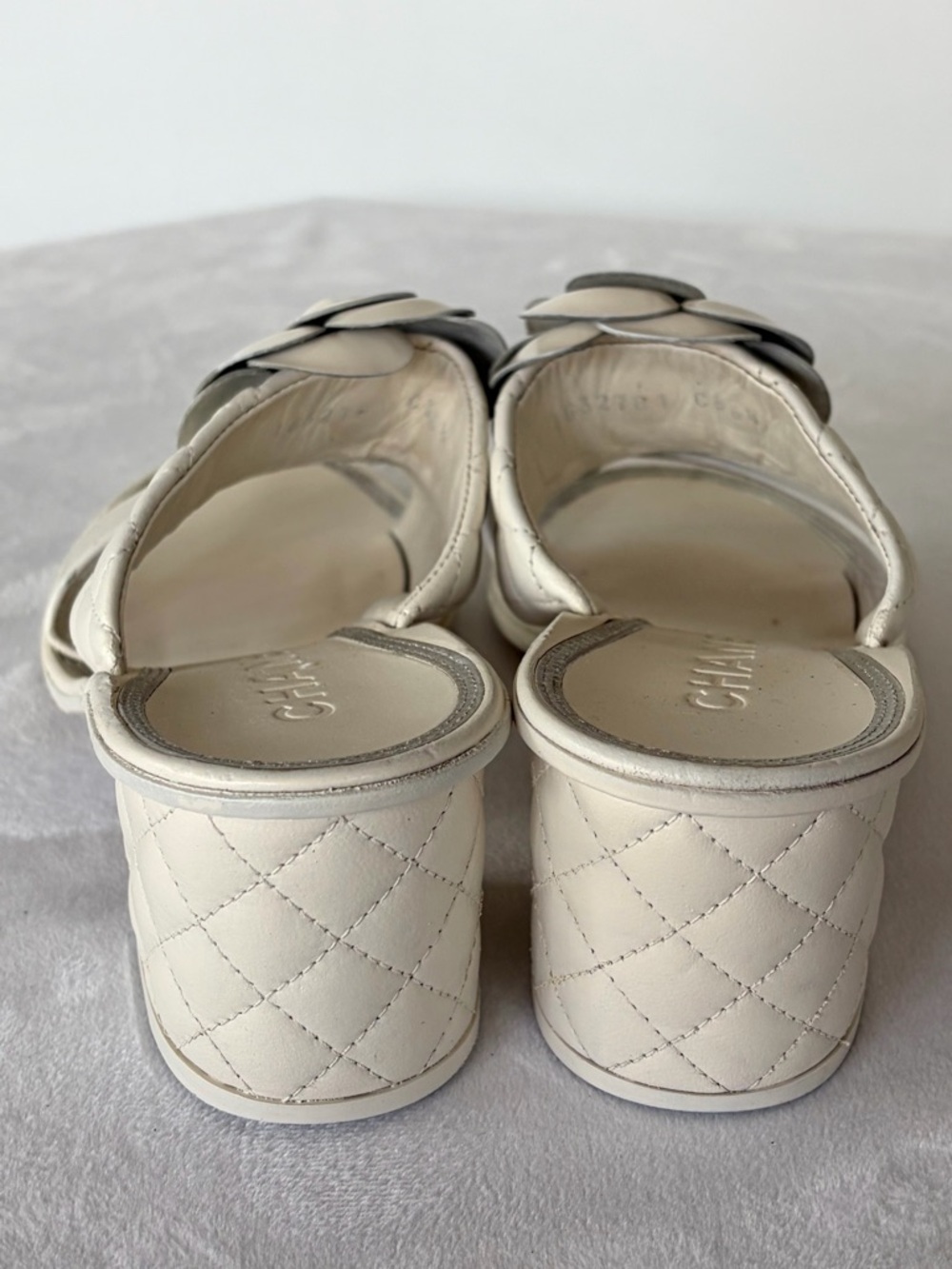 CHANEL Matelasse Leather Block Heel Slides, Camelia w/CCs,box, cream, 36.5C - Picture 12 of 16